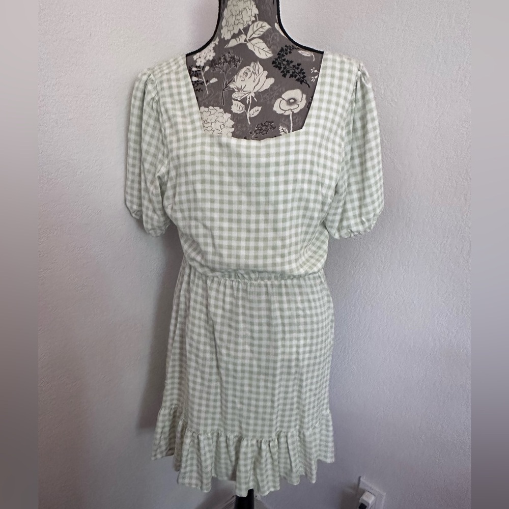 Light Green Gingham Midi Dress with Ruffle Hem